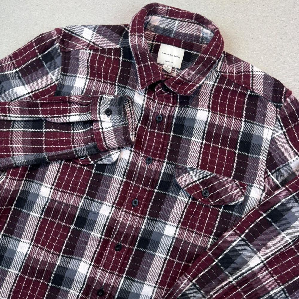 American Eagle LT Flannel Shirt Mens Burgundy Plaid Dracula Graphic Patch LT